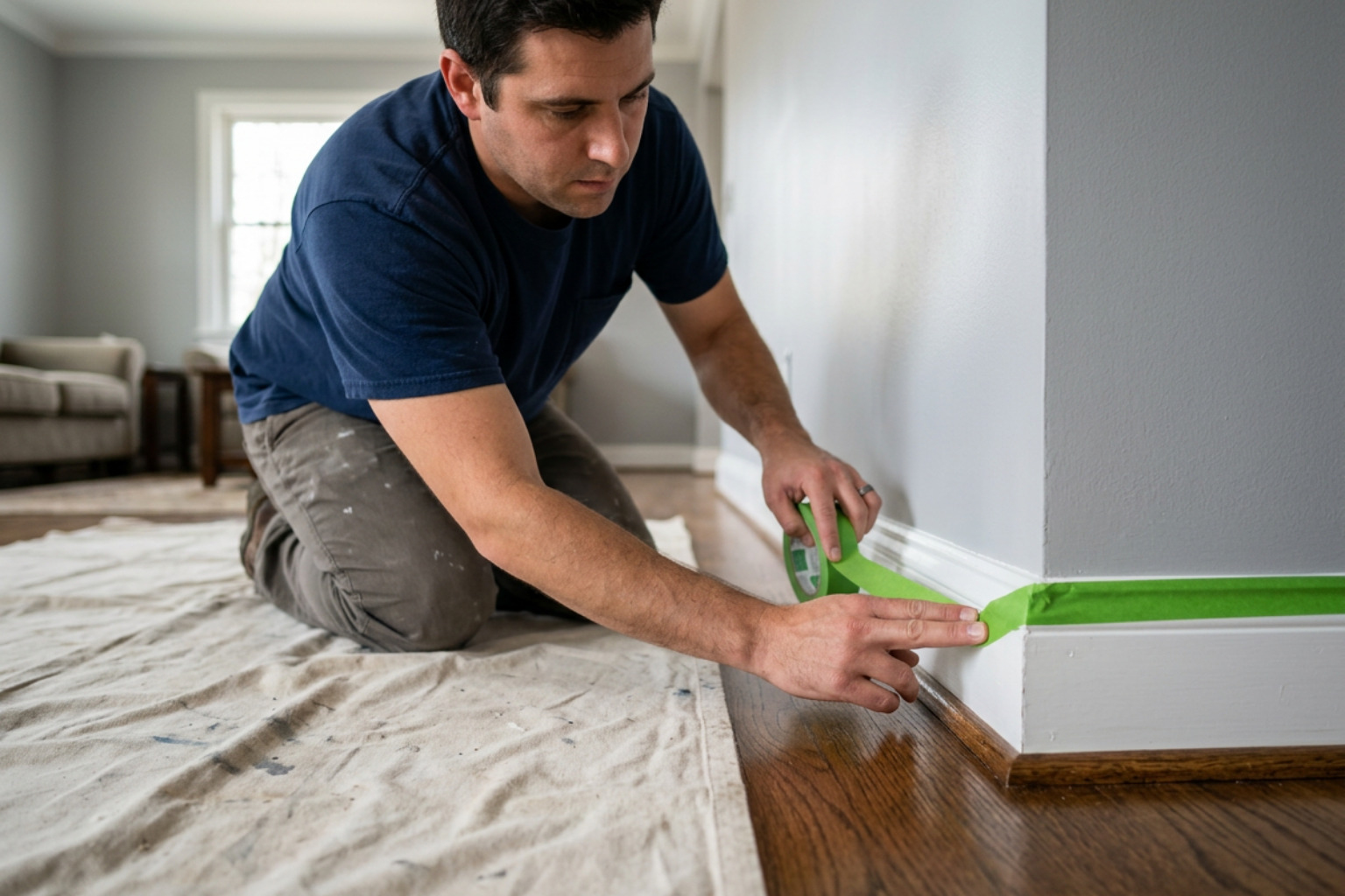 Clean drop cloths protecting hardwood floors during wall preparation interior painting